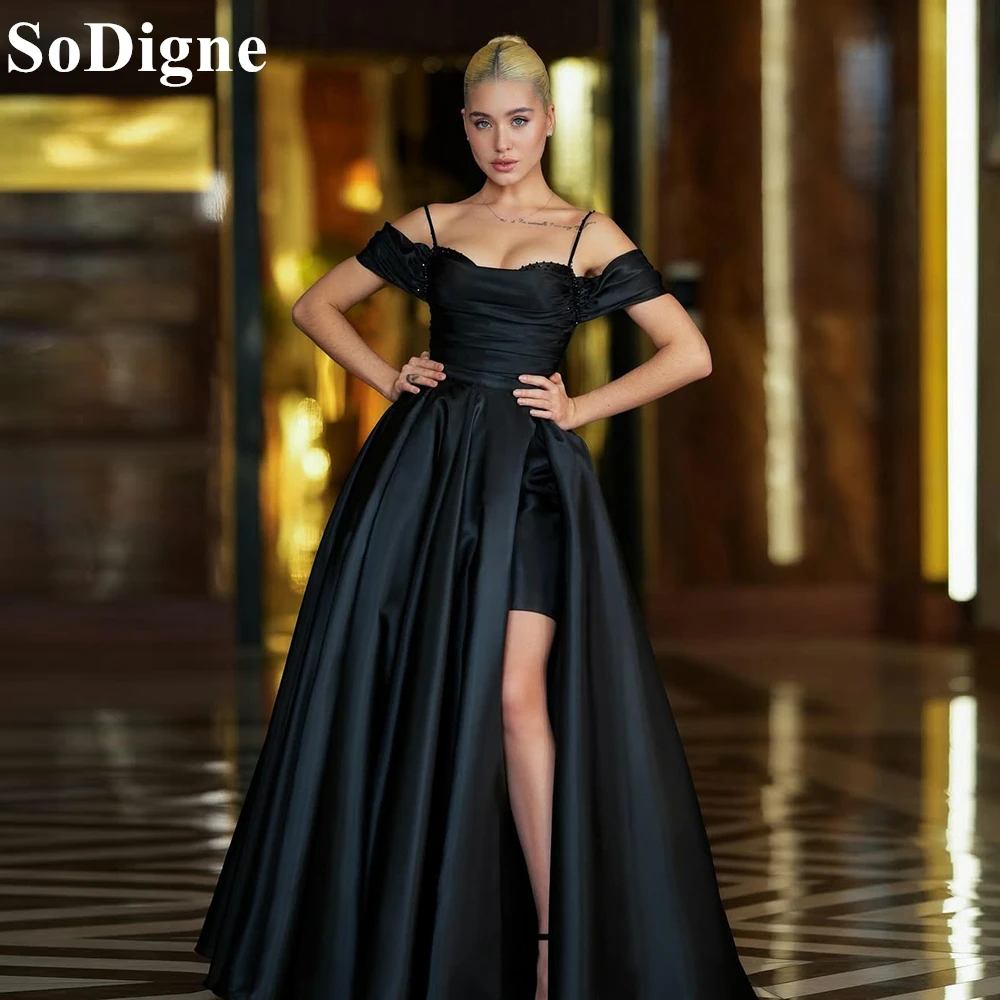 

SoDigne Elegant Black Evening Dresses A-Line Spaghetti Strap Beading Side Slit Party Dress Detachable Train Prom Gown Customized