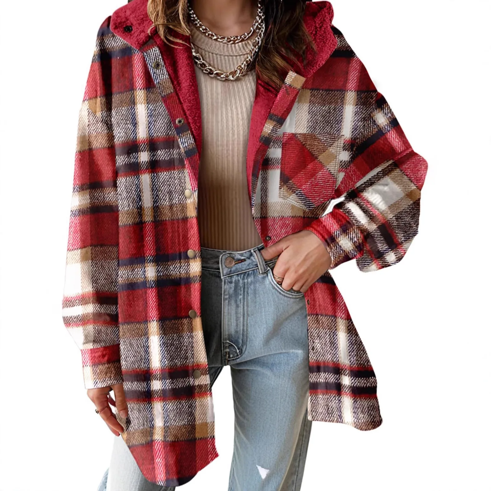 

Kurtka Zimowa Damska 2024 Manteau Autumn Winter Versatile Plaid Single-breasted Mid-length Coat Women's Versatile Hooded Jacket