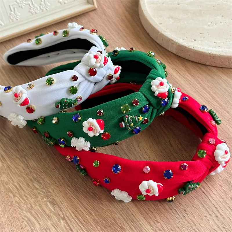 

New Women's Headband Christmas Tree Santa Claus Elements Festive Snowflake Rhinestone Wide Knot High Skull Top Hair Accessories