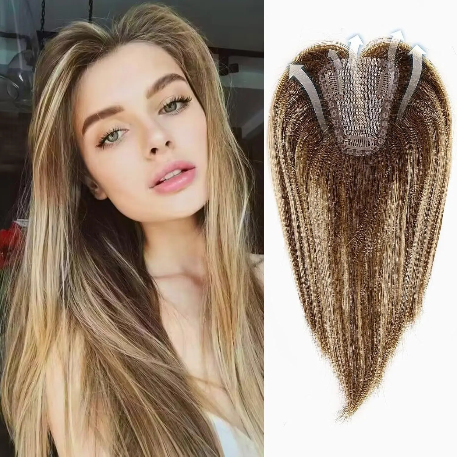 12in Remy Human Hair Toppers for Women Brown Blonde Highlights Topper 100% 3.5*4in Hand-Tied Hair Toppers with Swiss Lace Base