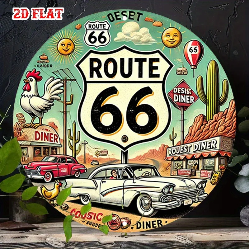 2D-Flugzeugdesign, 1 kreisförmiges Holzschild für die Highway 66 – Wanddekoration für ein altes Wüstenrestaurant und Straßenattraktionen