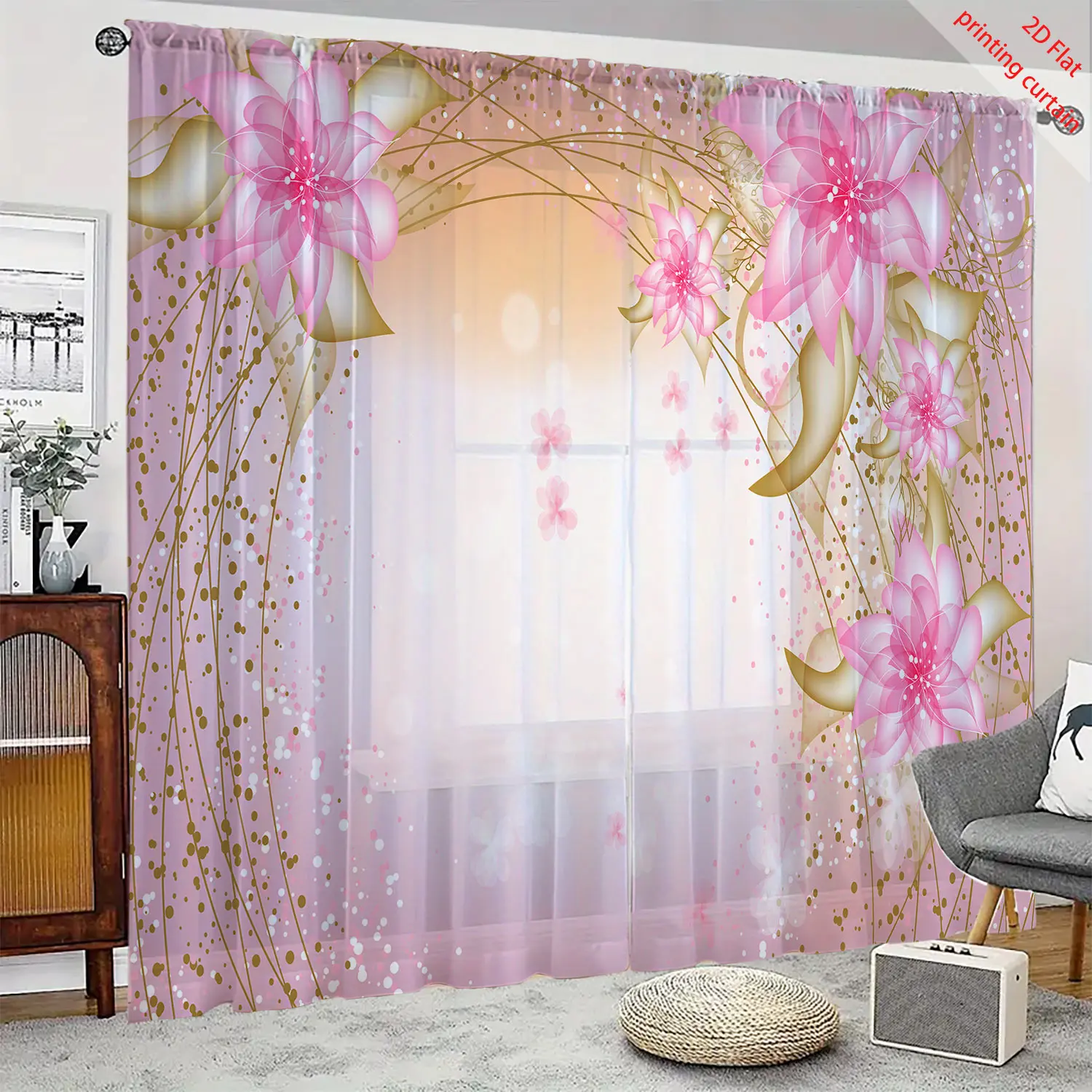 Pink transparent gauze curtain, romantic floral home decoration, suitable for living room, bedroom, balcony windows