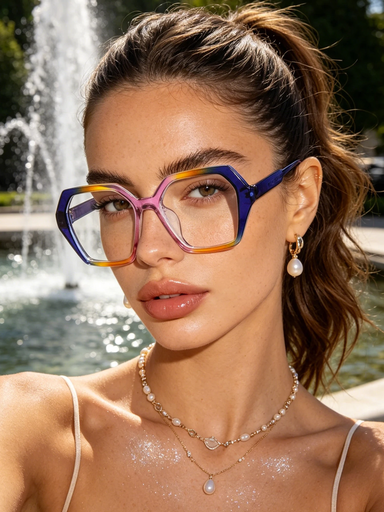 1PC oversized hexagonal glasses, colorful gradient frame, clear lenses, fashion glasses, ladies