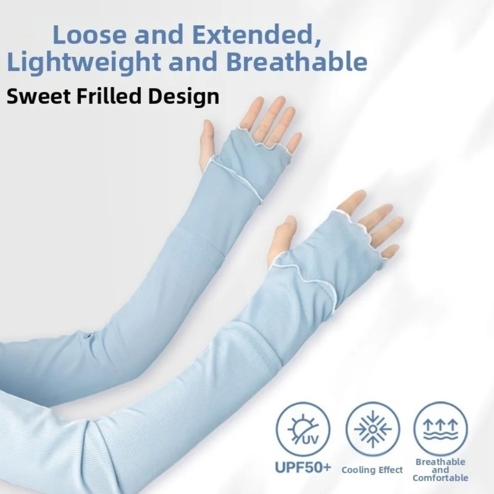

Breathable Ruffles Ice Silk Arm Sleeves Flared Solid Color Sunscreen Arm Sleeves Cooling UV Protection Cycling Arm Cover Girl