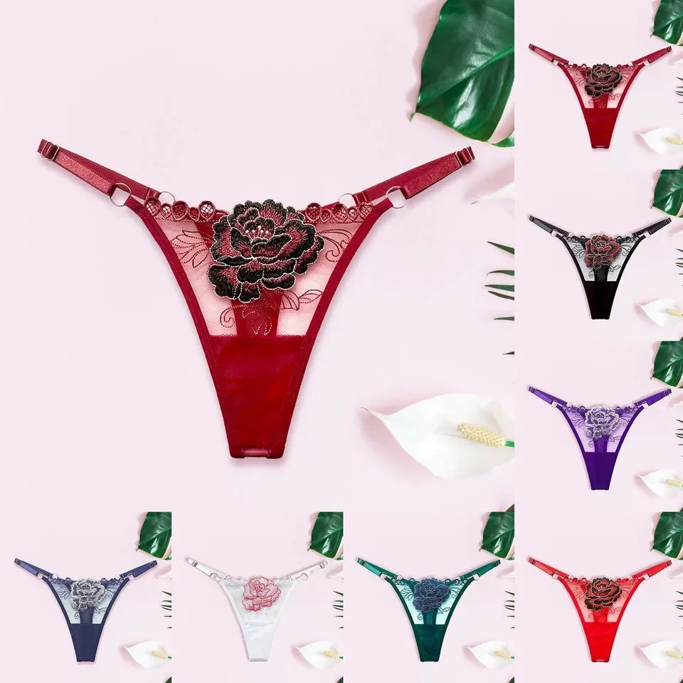 

Women's Sexy Panties Embroidered Floral Thongs Transparent Mesh G-String Low Waist Adjustable Belt Panties Breathable Underwear