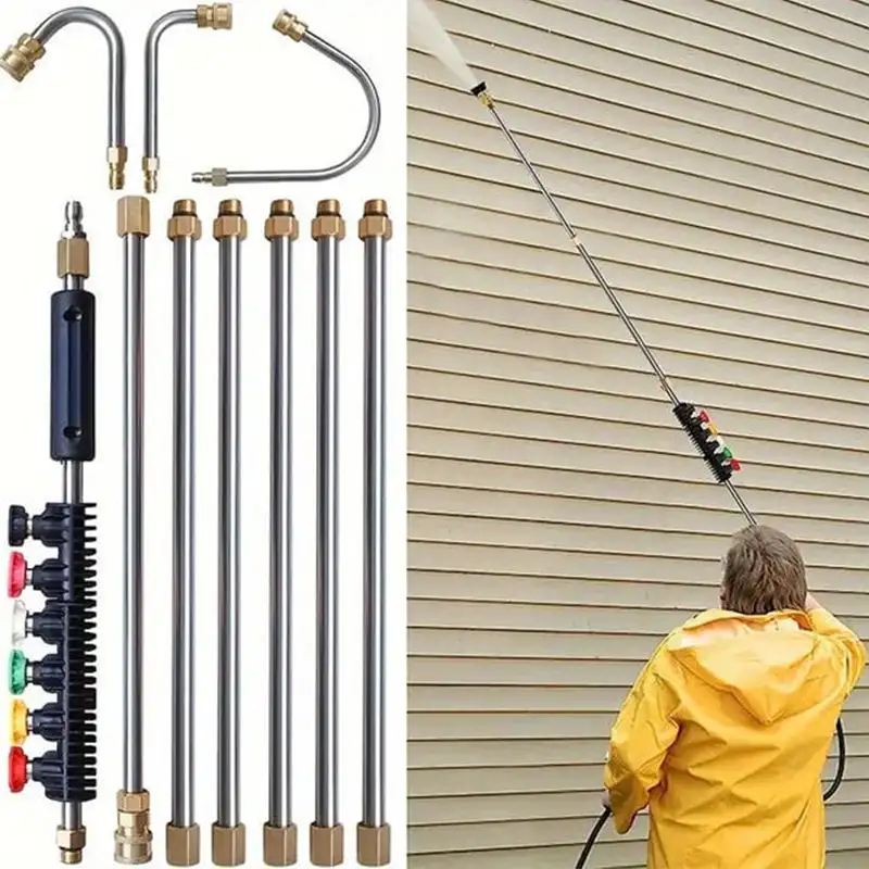 High Pressure Water Gun Set: 4000 PSI Telescopic Wand, Professional Cleaning Tool with 10 Stainless Steel Extension Rods
