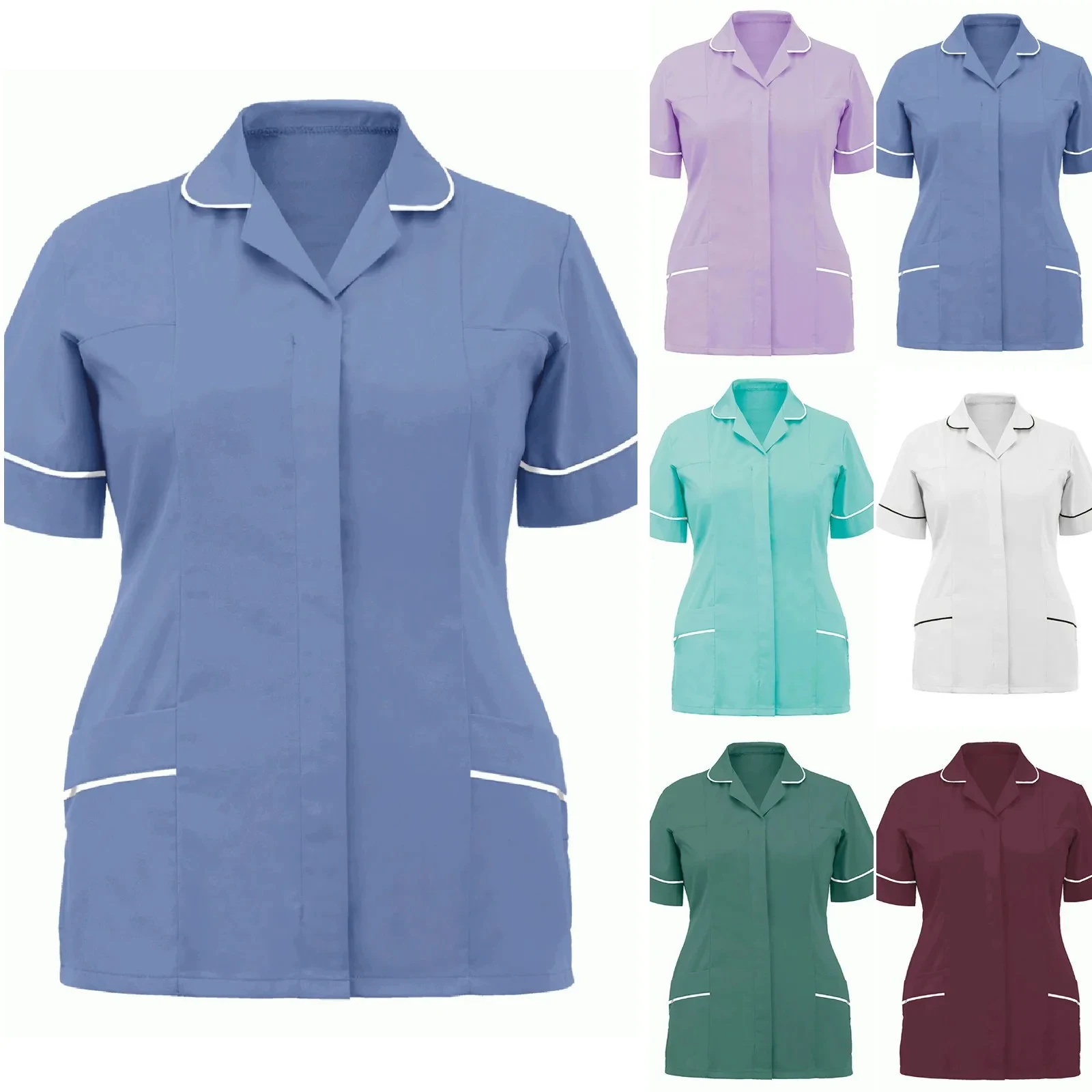 

Women Nurses Tunic Uniform Clinic Carer Lapel Protective Clothing Tops Summer Ladies Plus Size Sexy Scrub Work Nurse Uniform New