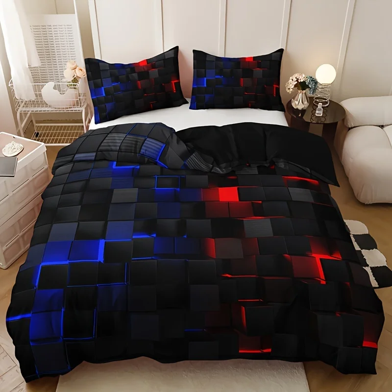 

Bedding Set (1 Duvet Cover+2 Pillow Covers) Black and Red Checkered Design Suitable for All Seasons Machine Washable