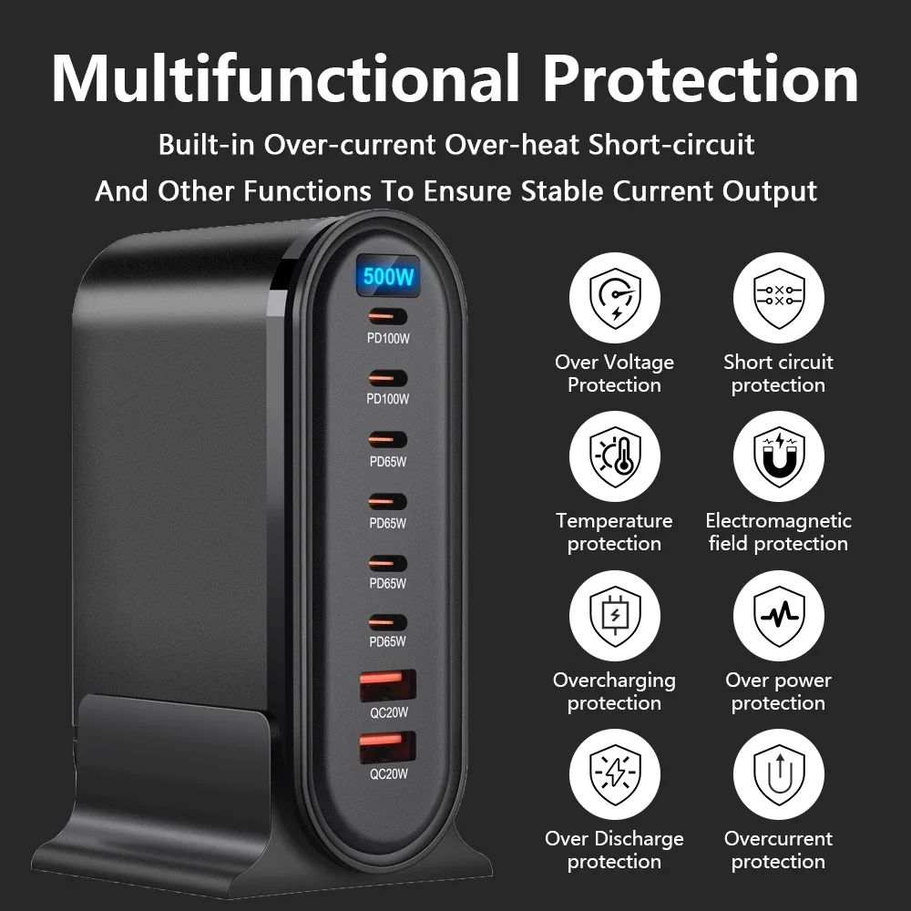 شاحن USB PD بقدرة 500 وات لهاتف iPhone 15 14 13 PRO MAX/Samsung S24 S23/Xiaomi/Huawei/iPad Type C شحن سريع متعدد المنافذ محطة شحن سطح المكتب لأجهزة الكمبيوتر المحمولة والأجهزة اللوحية