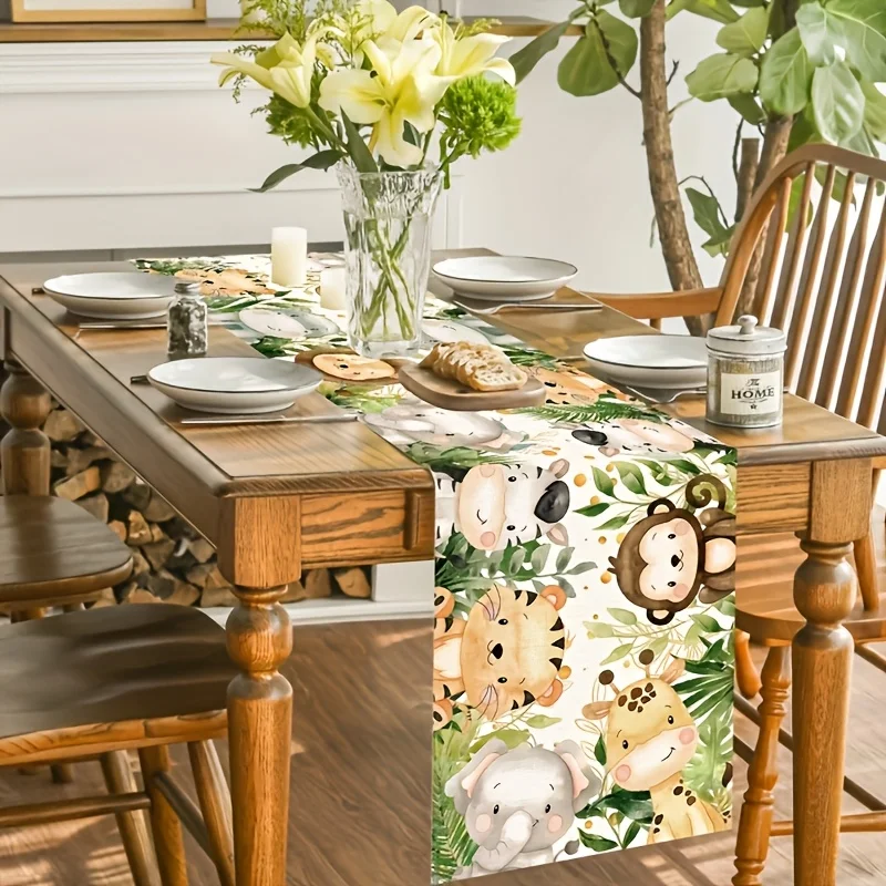 1 Piece of Cartoon Animal Jungle Table Runner, Watercolor Painted Cute Elephants, Giraffes and Other Animals with Green Plants, Suitable for Kidsren's Birthday Parties, Family Restaurants, Kindergarten Activities, Zoo Surroundings, Family Parties, Handicraft Markets, Kidsren's Room Decorations, Theme Parties