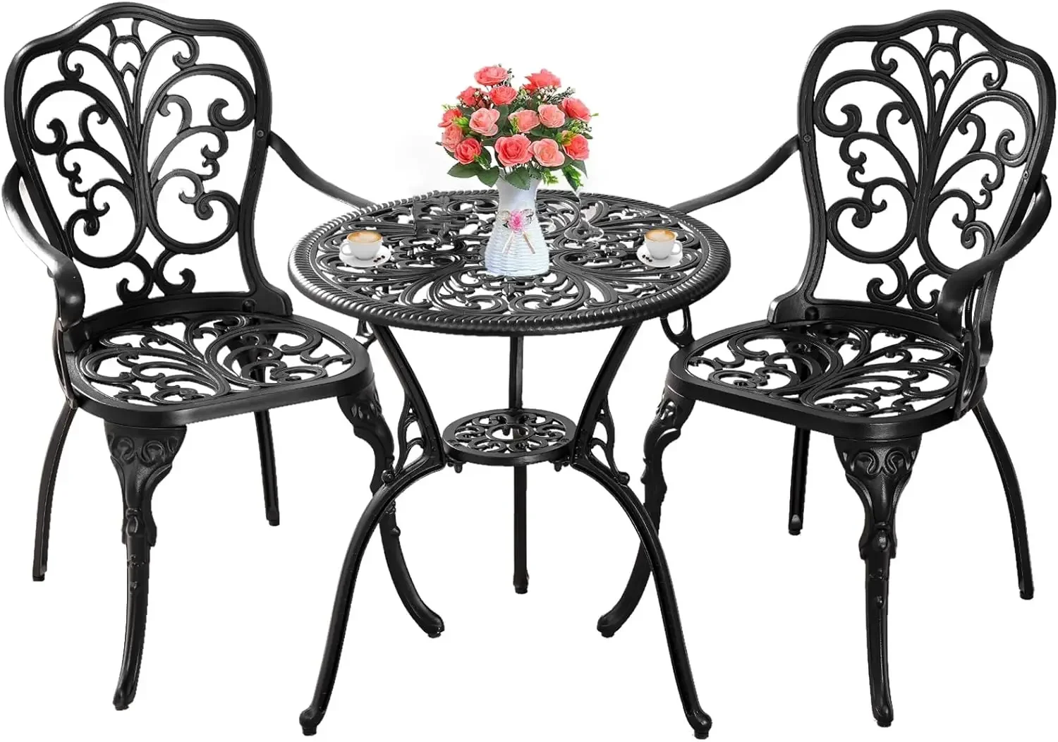 Set of 2 with Umbrella Hole,Cast Aluminum Patio Bistro Sets 3 Piece,Outdoor Bistro TableSet,Garden(Butterfly Black)