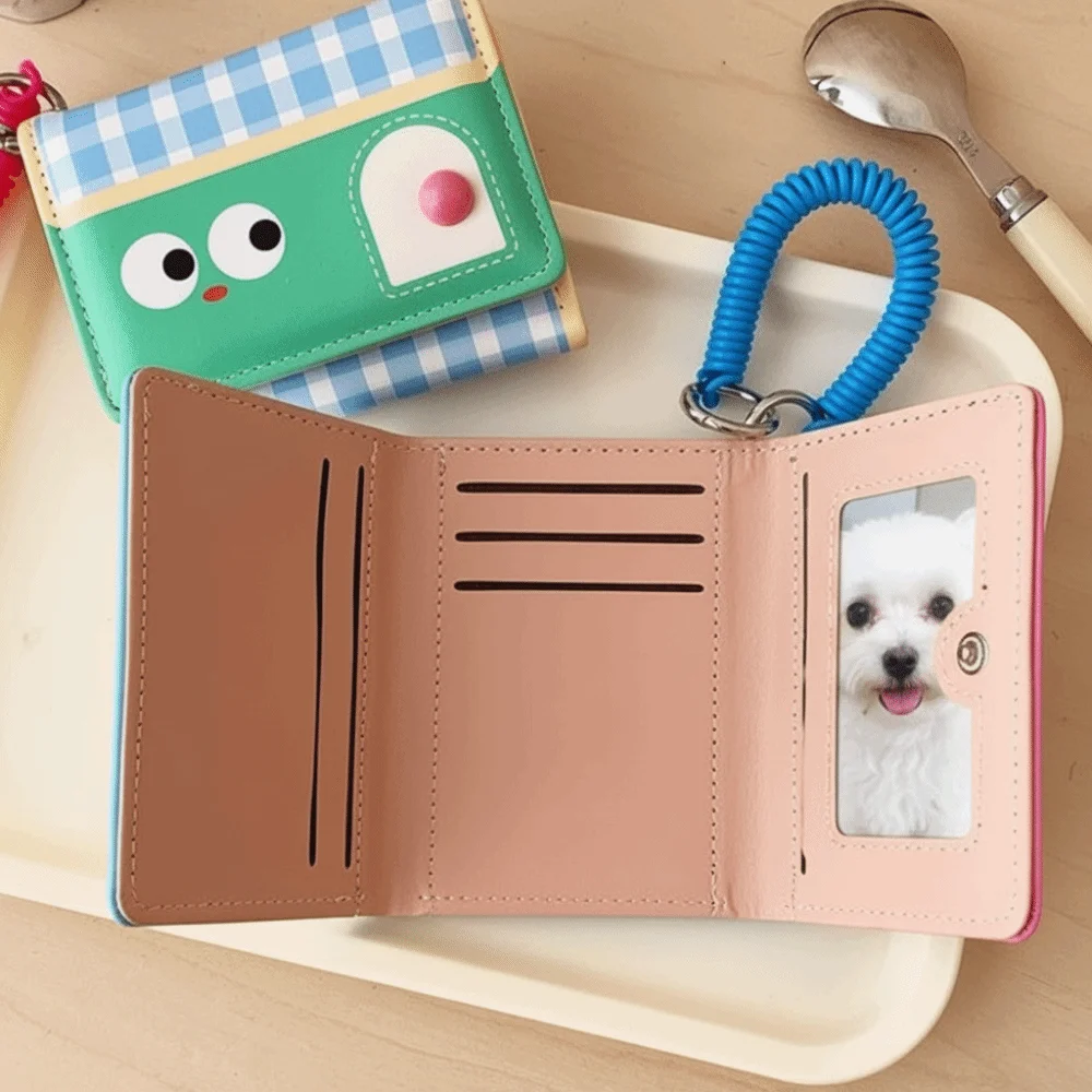 

Multifunctional Dopamine Color Short Wallet Ultrathin Spring Rope Leather Card Holder Tri-fold Compact Cartoon Coin Purse Daily