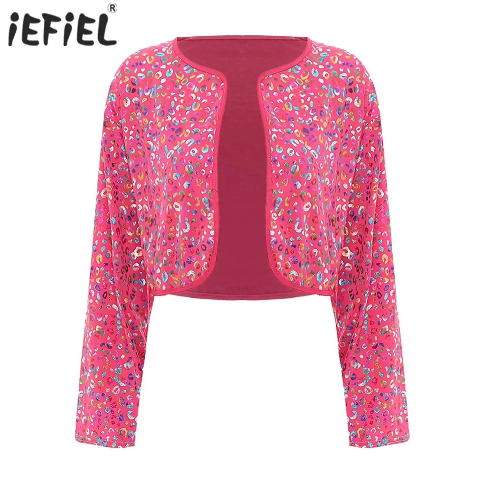

Women Adult Fashion Long Sleeve Cardigan Tops Shiny Leopard Print Short Jacket Coat Disco Jazz Modern Dance Performance Costume