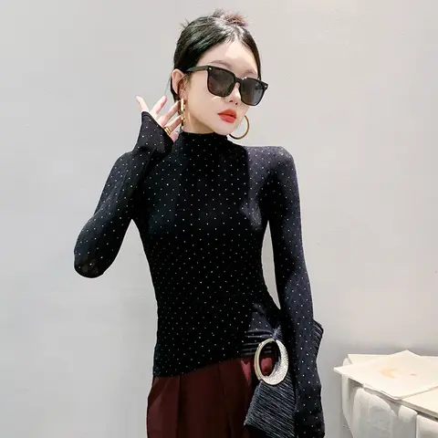 패셔너블한 슬림핏 긴팔 메쉬 베이스 셔츠 여성용 가을 겨울 신상 하이 칼라 티셔츠 스트리트 스타일 통기성