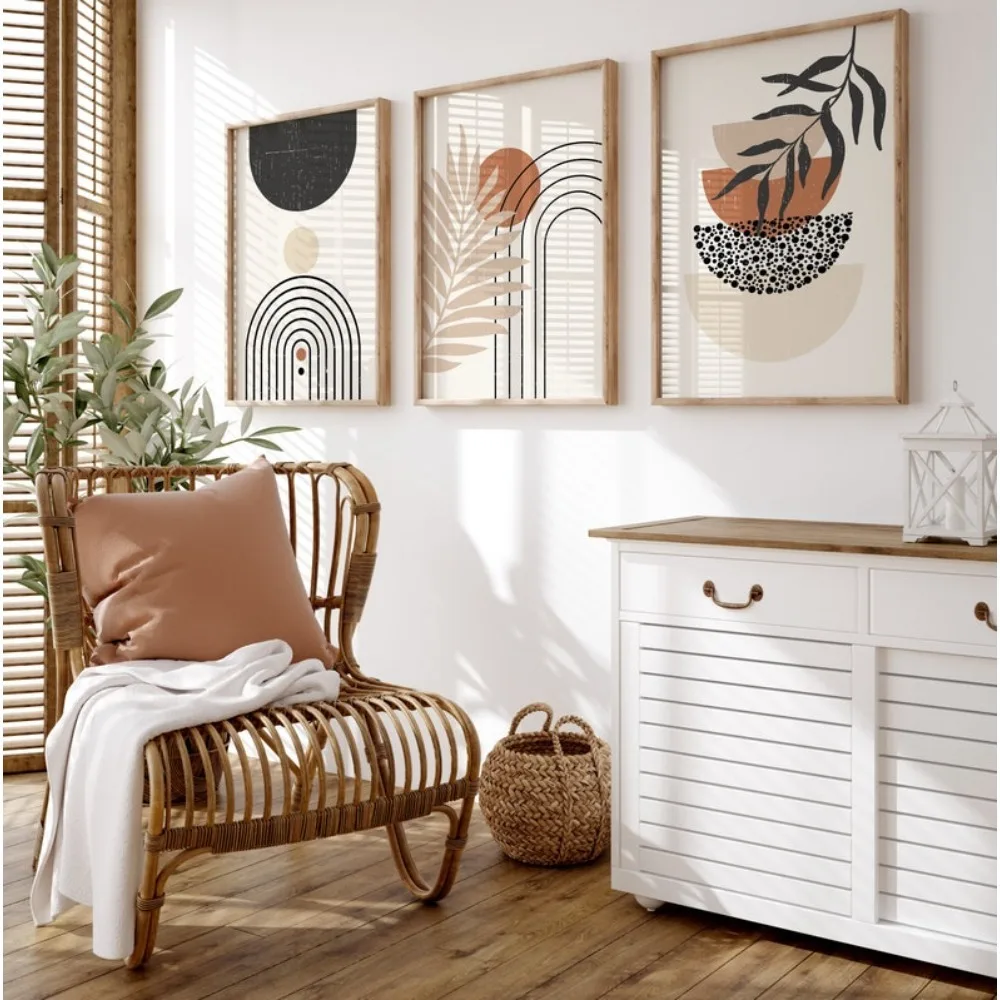 Frameless Bohemian Abstract Wall Art Prints,Bohemian Wall Decor,Mid-century,Black,Beige,Digital Wall,Living Room Bedroom Decor