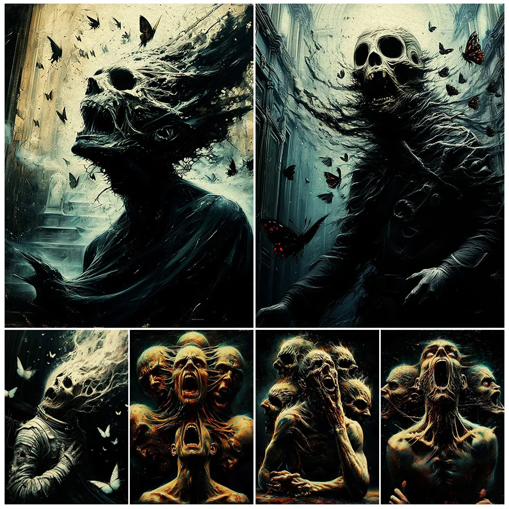 Creepy Death Split Abstract Wall Art Canvas Painting Zombies In The Eyes Of Ai,Gothic Horror Art Poster And Print Home Decor