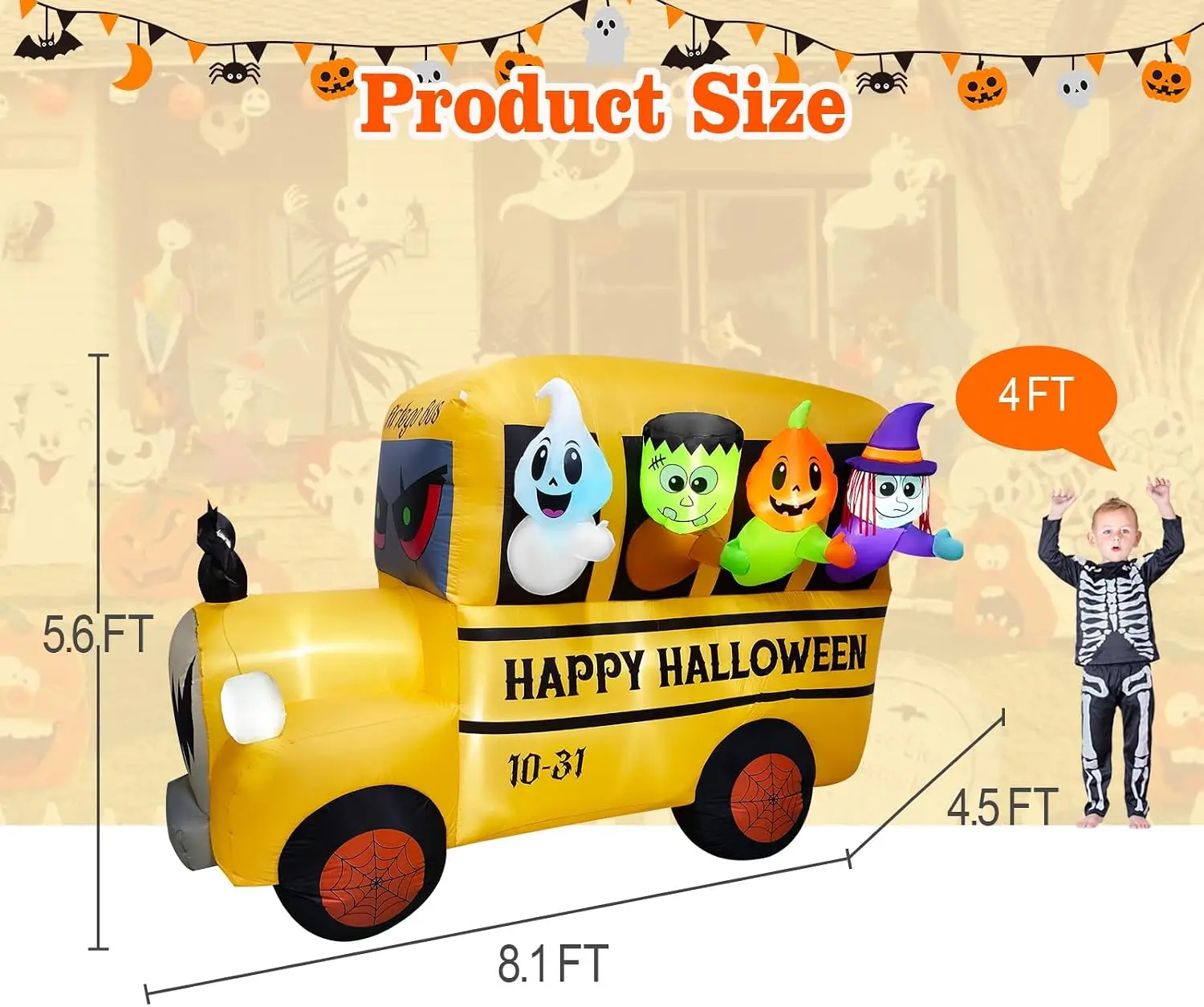 8.1FT Length Halloween Inflatable Ghost Frankenstein Pumpkin Monster Witch Bus Decoration, Halloween Blow up Car Inflatable Buil