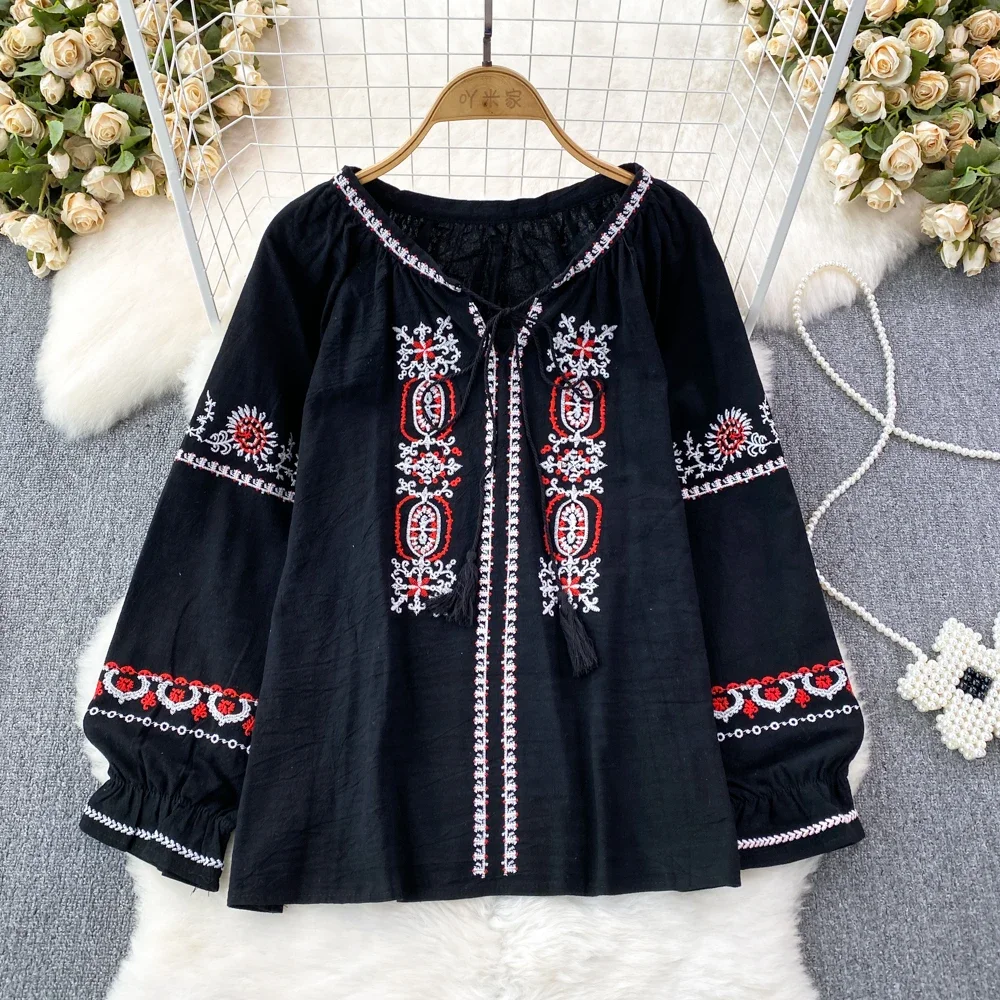 Chic Sweet Embroidery Tassels Long Sleeve Loose Blouse Elegant French Fashion Sexy Shirt Spring Autumn Women Crop Top