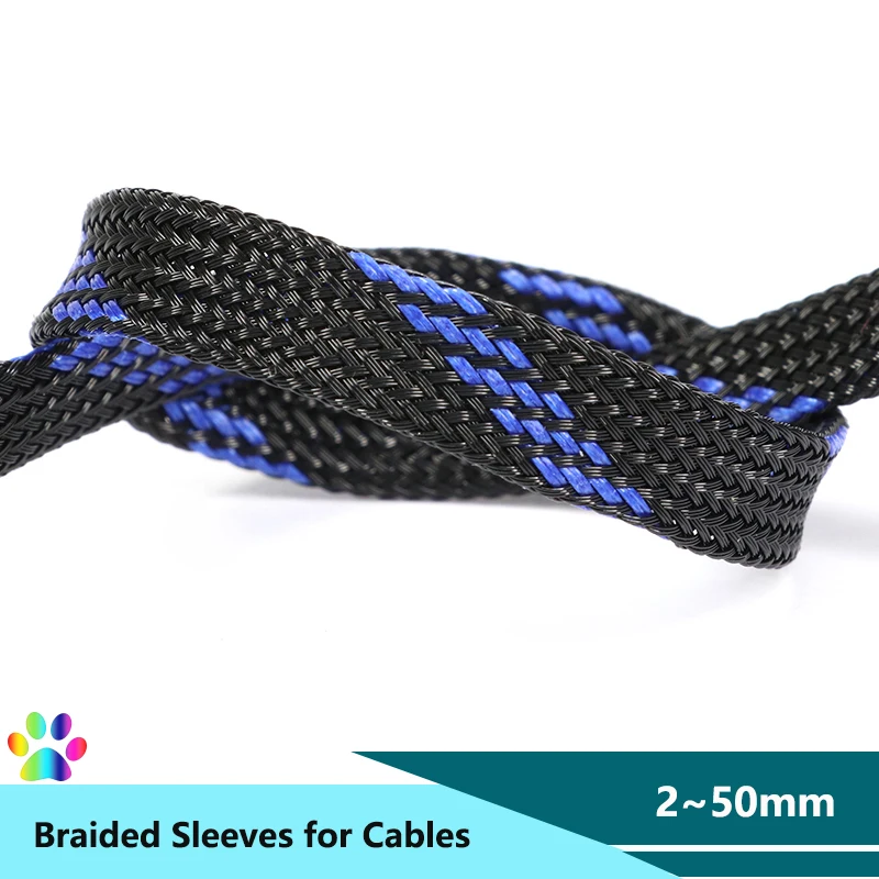 Black-Blue PET Braid Sleeves 2/4/6/8/10/12/14/16/20/25/30/40/50mm High Density Insulated Wire Snake Skin Cable Sleeve Sheath