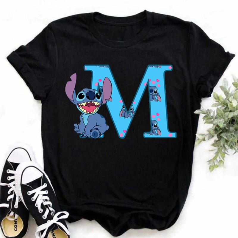 Disney Lilo & Stitch A-Z English Letters Short Sleeve Women Print T Shirt Casual Female Top Tshirts Cartoon Tee T-Shirt image 2