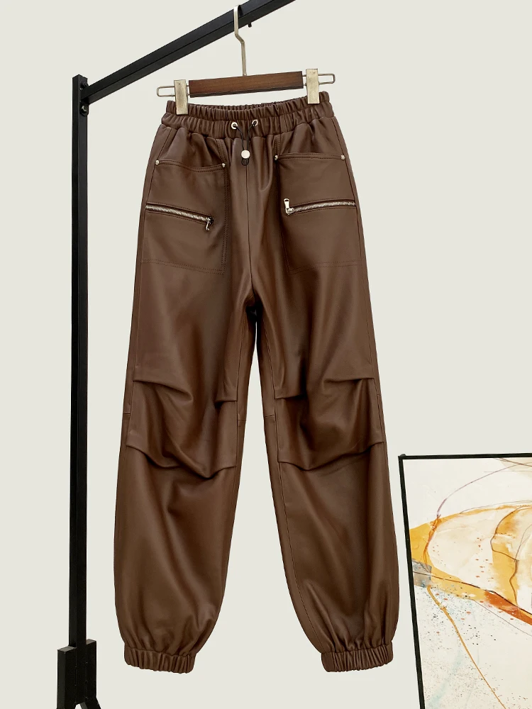 

Casual Loose Cargo Pants Winter New High Quality Genuine Real Leather Women's Fashion All-Match Cropped