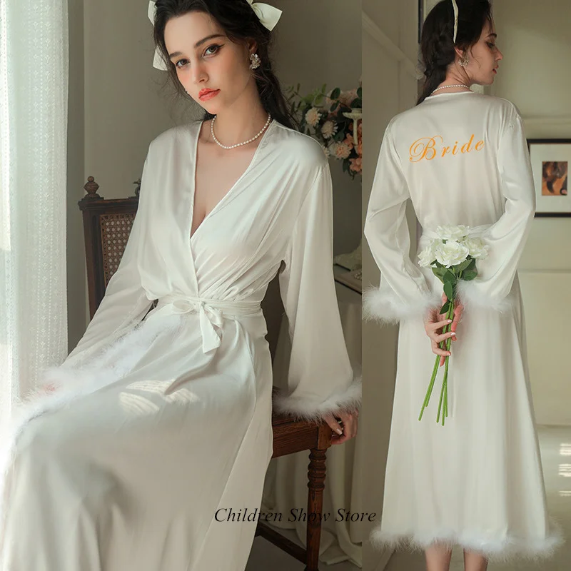 Bride Wedding Party Loungewear Lady Long Bathrobe Gown Feather Patchwork Nightwear Silk Satin Homewear Embroider Robe Sleepwear