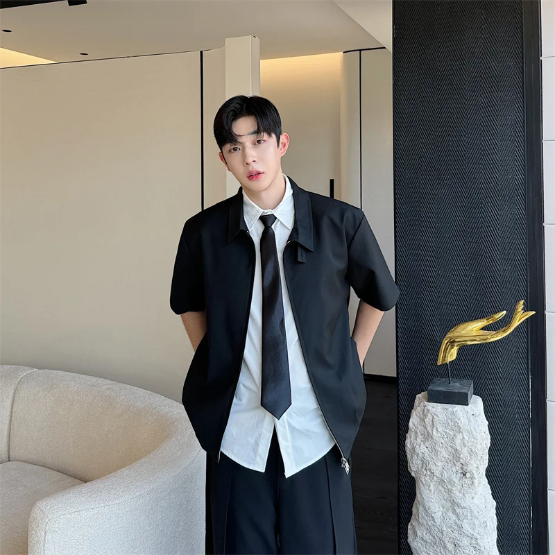 

Новая летняя мужская куртка в корейском студенческом стиле с воротником, многослойная, с коротким рукавом, двойной молнией и подплечниками