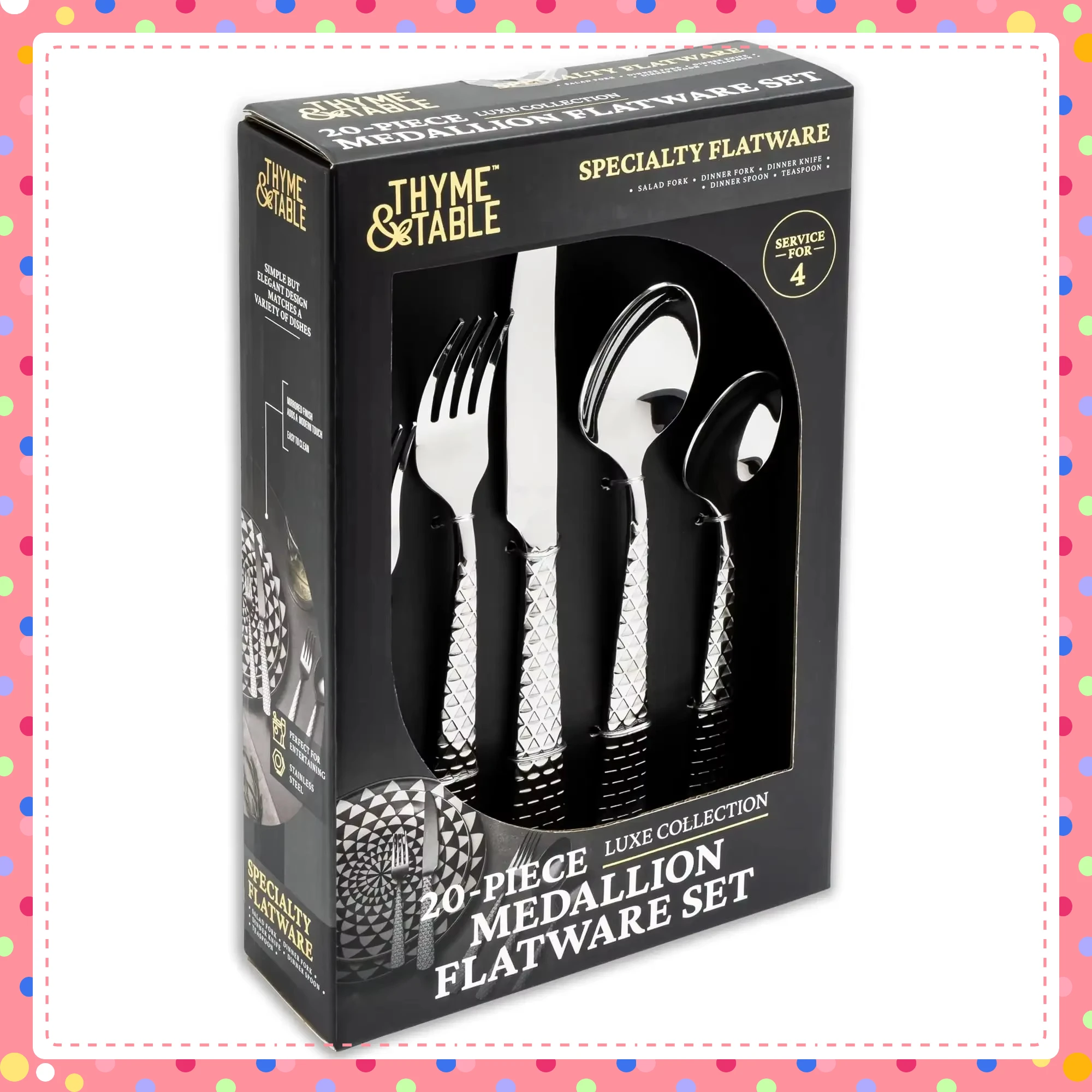 

20-Piece Stainless Steel Cutlery Set, Service for 4. Dishwasher Safe & Everyday Use Silverware for Modern Dining.