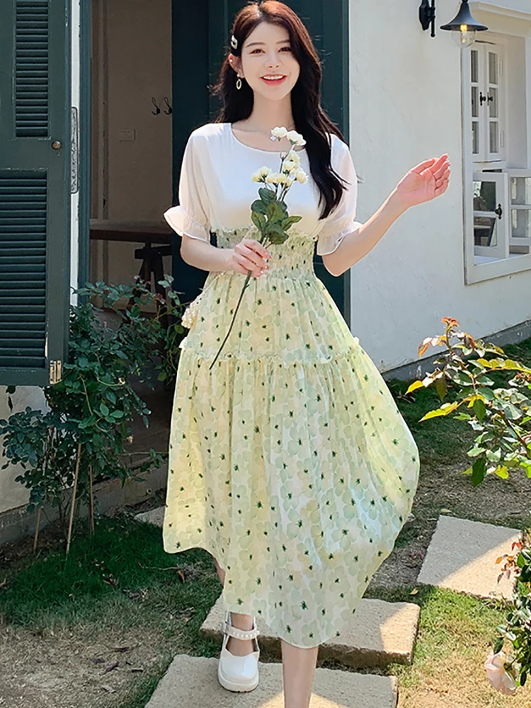 Vestido de dos piezas falso blanco de retazos de gasa Floral verde para mujer vestido elegante de verano con mangas abullonadas vestido de fiesta ajustado coreano 2025