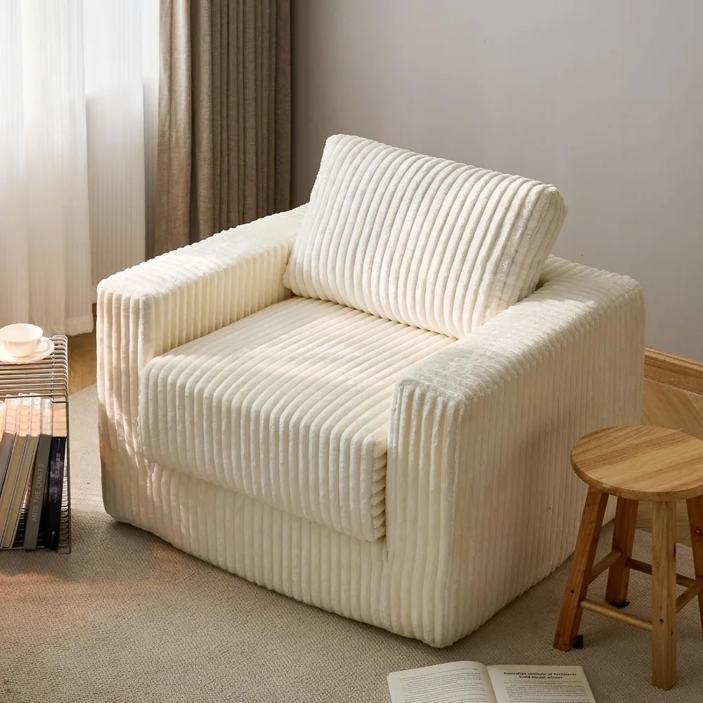 Adult Comfort Bean Bag Chair, Cream Upholstered Couch Accent Chair with Cushion and Pillows