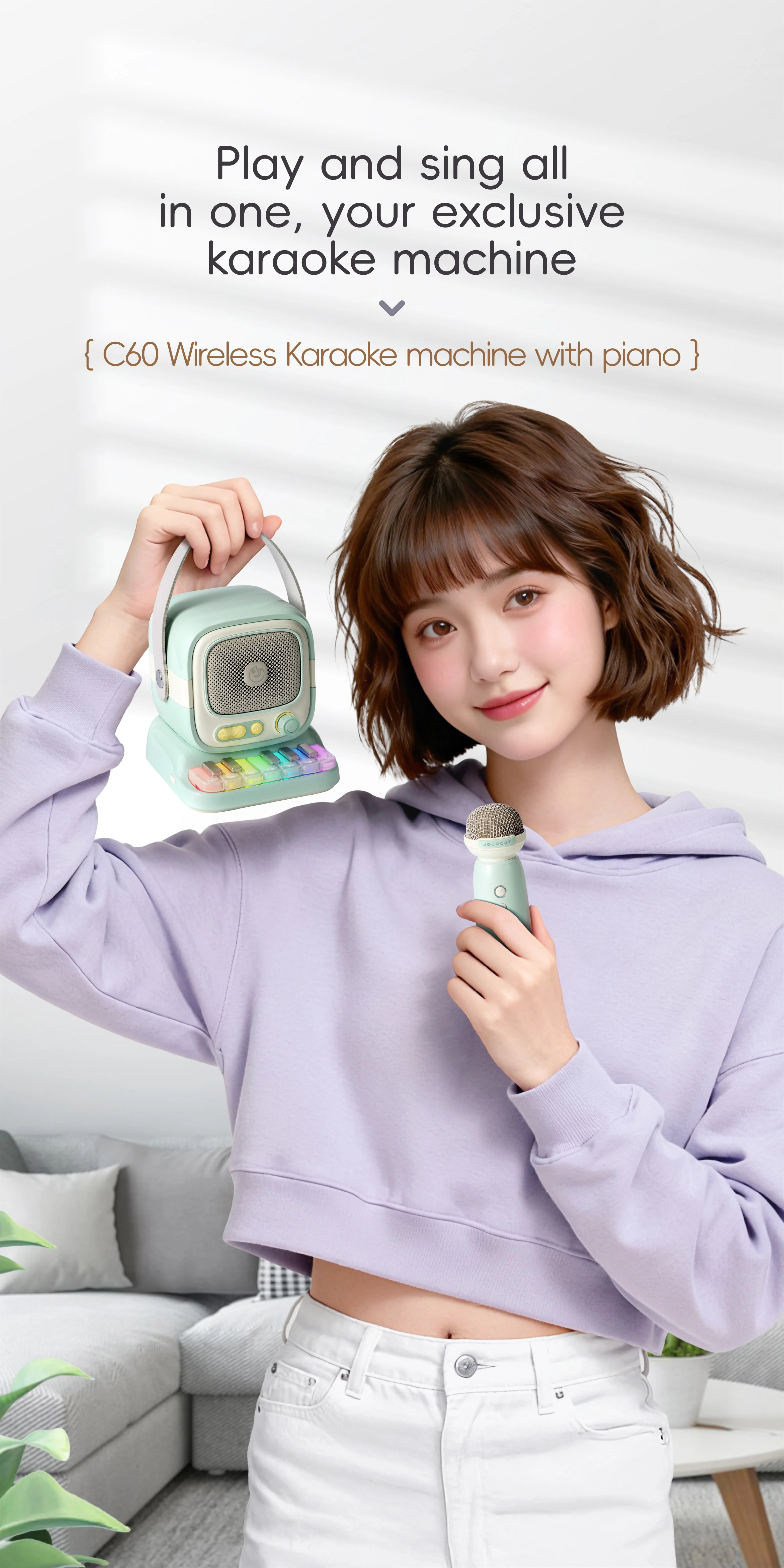 Wireless Karaoke Speaker LED Microphone 6 Voice Effects Built-in Piano Bluetooths 5W HIFI Sound Speaker for Home Party Outdoor