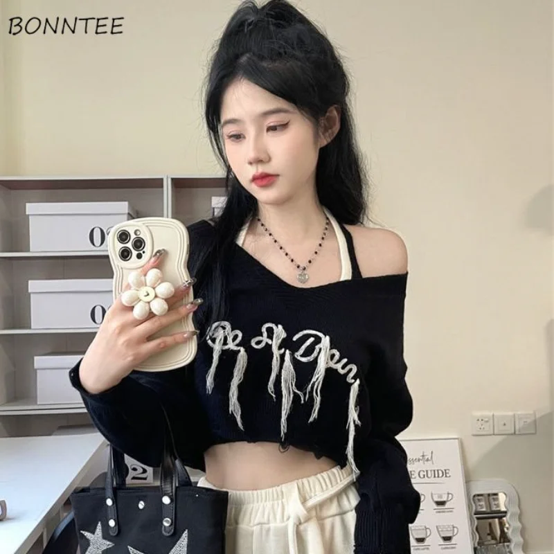 Sets Women American Letter Embroidery Crop Top Long Sleeve Knitwear Spring New Fashion Sexy Tops Ladies Harajuku Daily Clothing