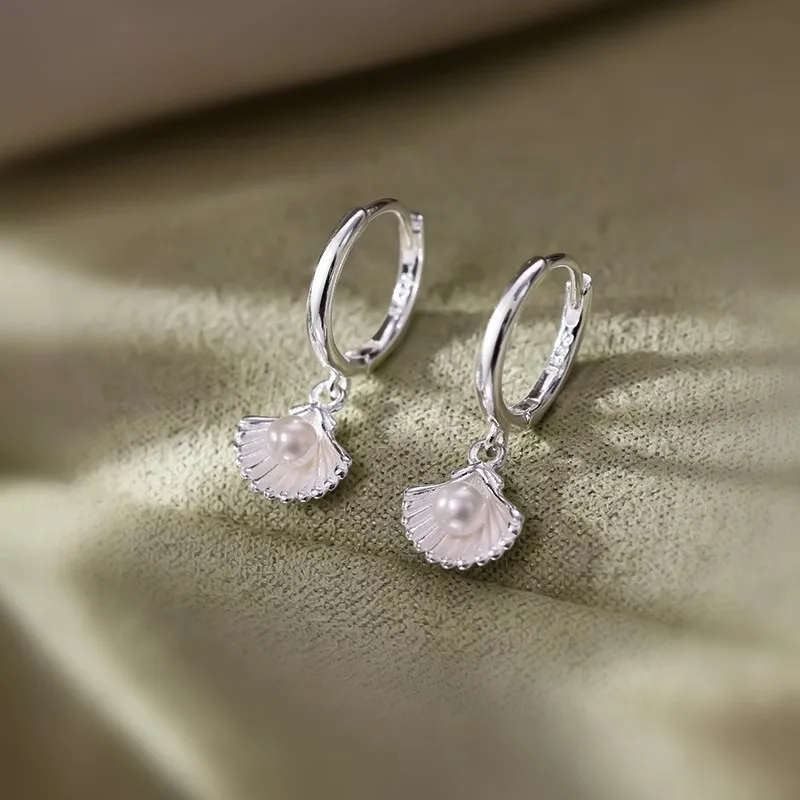 925 Sterling Silver Shell Pearl Earring Ear Buckle Drop Earrings for Women Fashion Girls Student Jewelry School Opens Gift