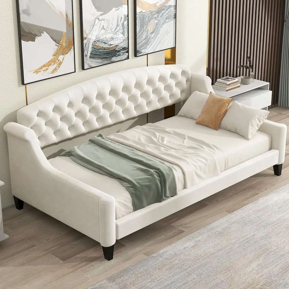 

MeTwin Size ern Luxury Tuted Button Daybed, Upholstered Twin Daybed e, Soa Bed or Bedroom, Living Room, Twin, Beige