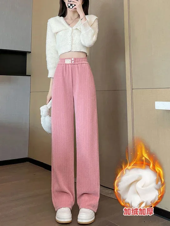 Corduroy Pants for Women 2023 Autumn Winter High Waist Straight Trousers Thick Causal Wide Leg Pants with Velvet Hot Pink Slacks