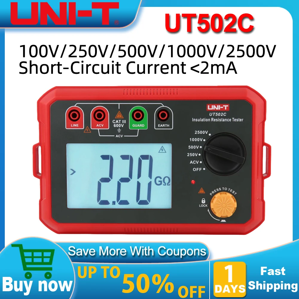 UNI-T UT502C Digital 2500V Insulation Resistance Tester 20GΩ Ommeter Ground Meter Backlight Auto Range