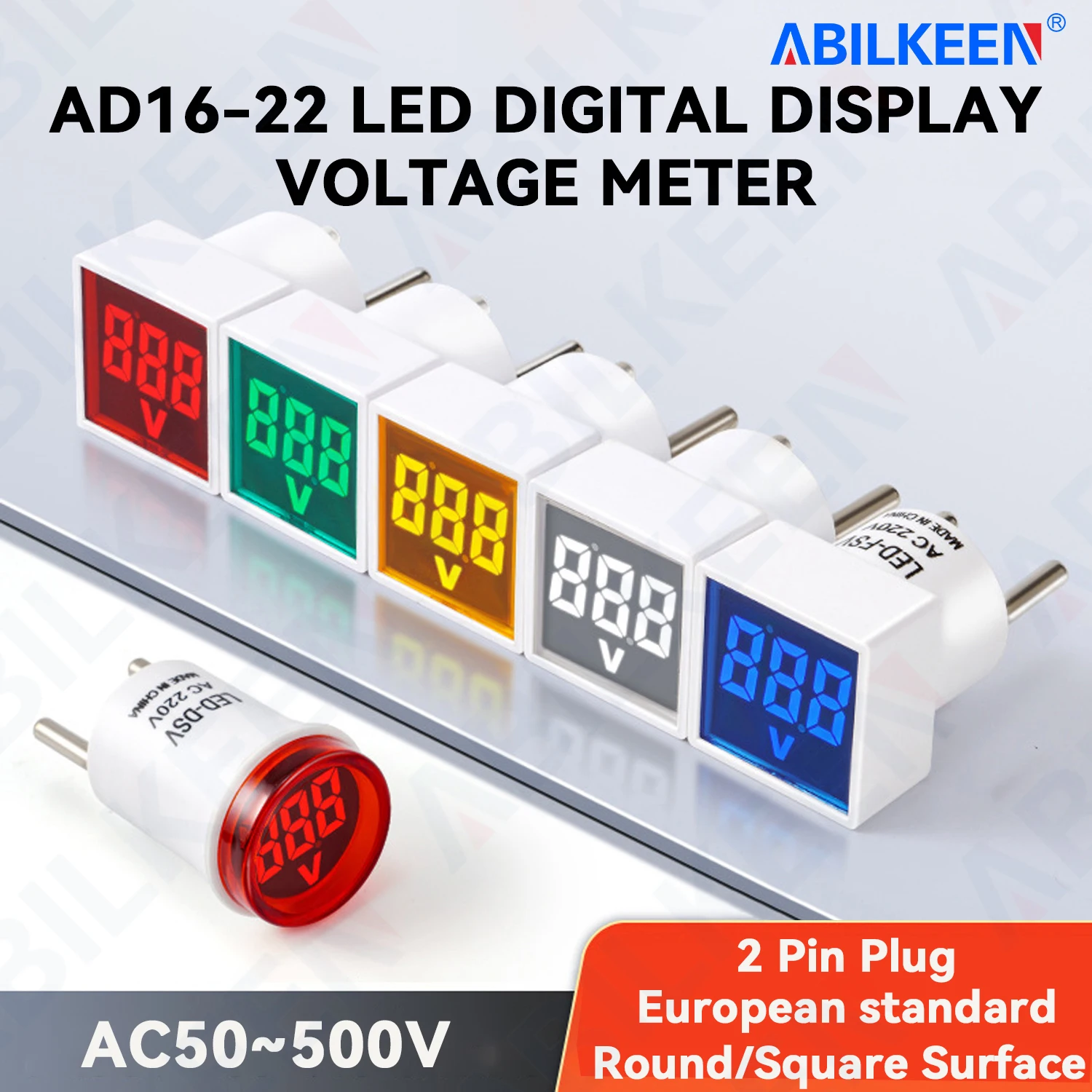 

ABILKEEN AD16-22 22MM LED Digital Display Voltage Meter AC50~500V Digital Display LED Indicator Light with 2Pin European Plug