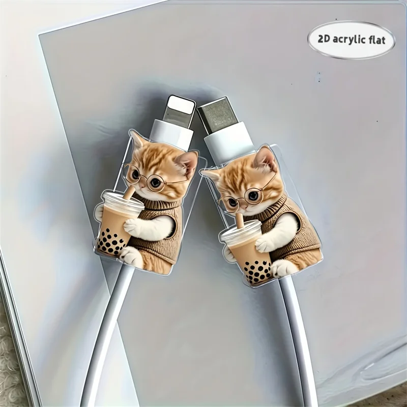 2D Flat 2pcs Cute Cat with Glasses Data Cable Protector Acrylic Flat Design Connector Cover For iPhone Type-C Phone Cable 2