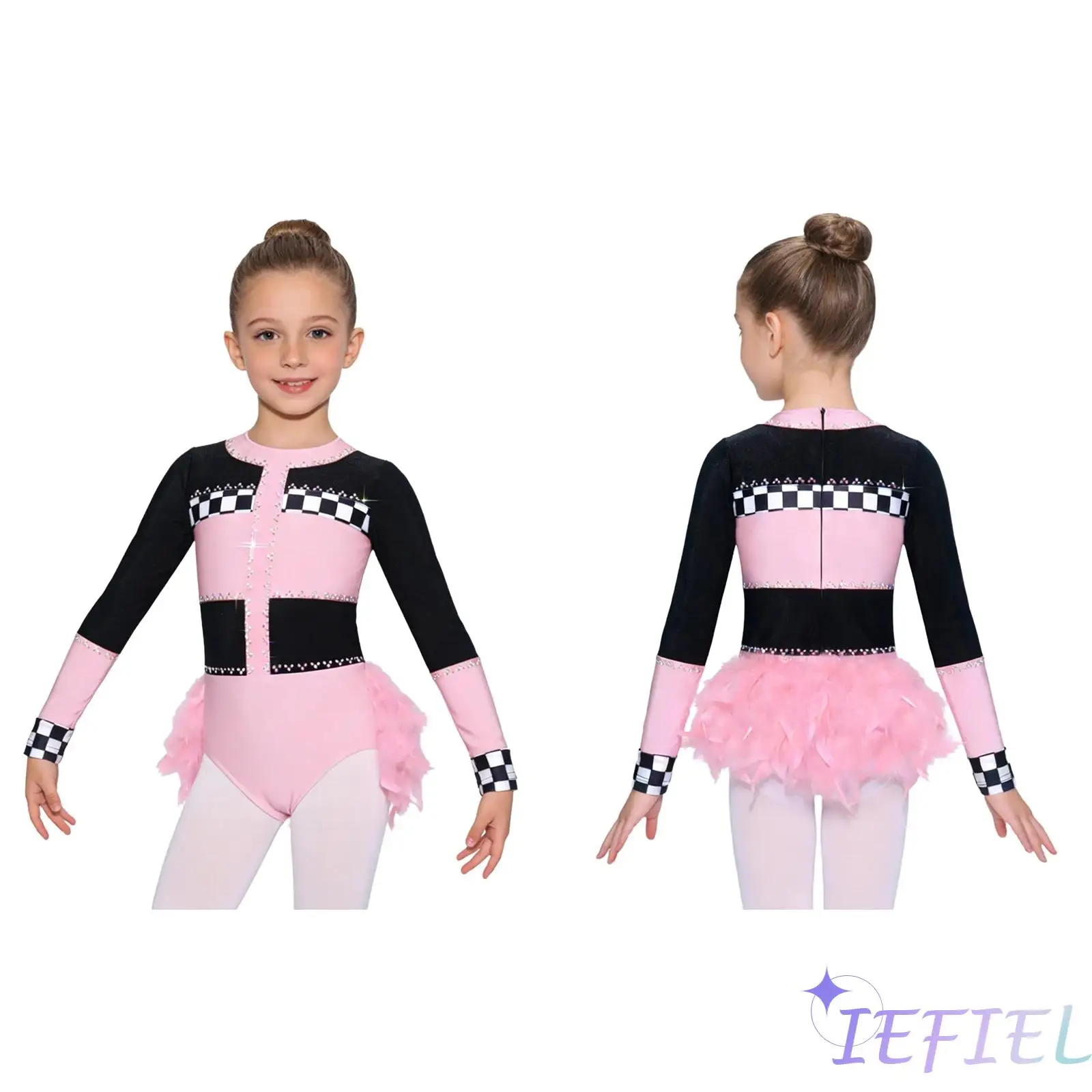 

Girls Racing Driver Jumpsuit Outfit Sparking Rhinestones Long Sleeve Layered Feather Bodysuit Gymnastics Ballet Dance Leotard
