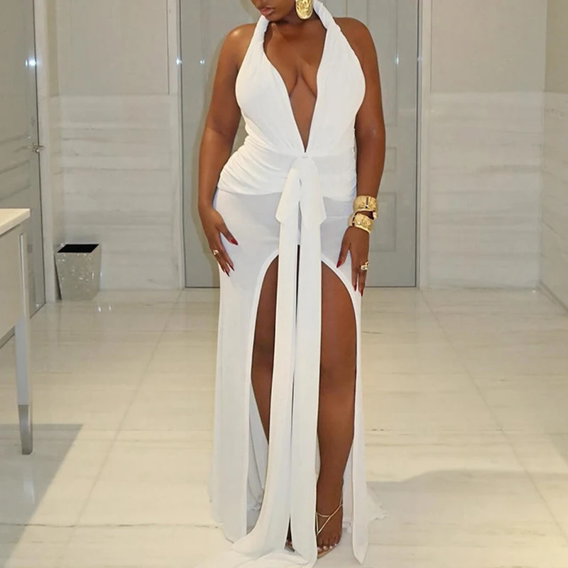 

OMSJ Sexy Deep V-neck Sleeveless Open Back Solid Color Strappy Pleated Halter Split Long Dress Fashion Women Club Party Clothing