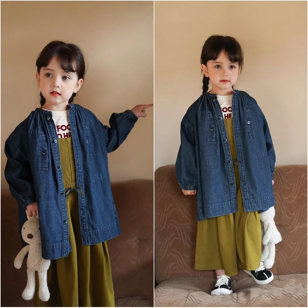 2023 NEW Denim Dress For Kids 2-8Y Fashipn Dress Casual Wear with Leather bag Jean Top Children