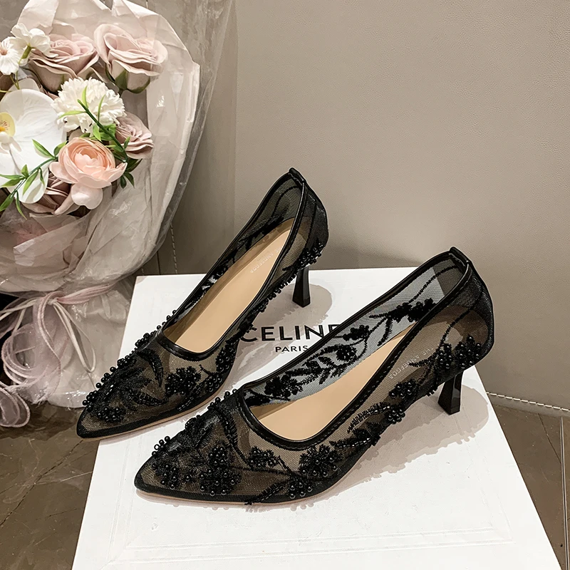 String Bead Mesh Embroider High Heels Women Sexy Pointed Toe Heeled Sandals Summer Elegant Luxury Designer Wedding Pumps Shoes view 3