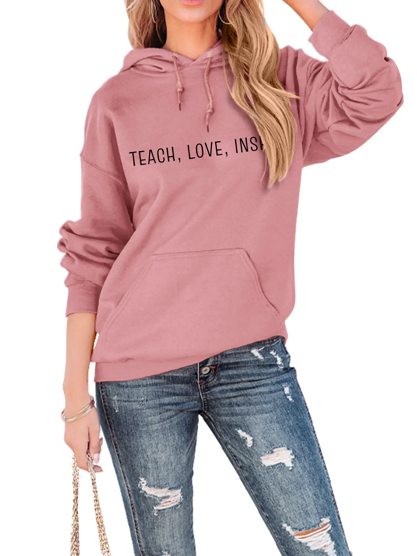 Autumn and winter new women's long-sleeved hoodie teach love inspire simple print loose casual top with pullover