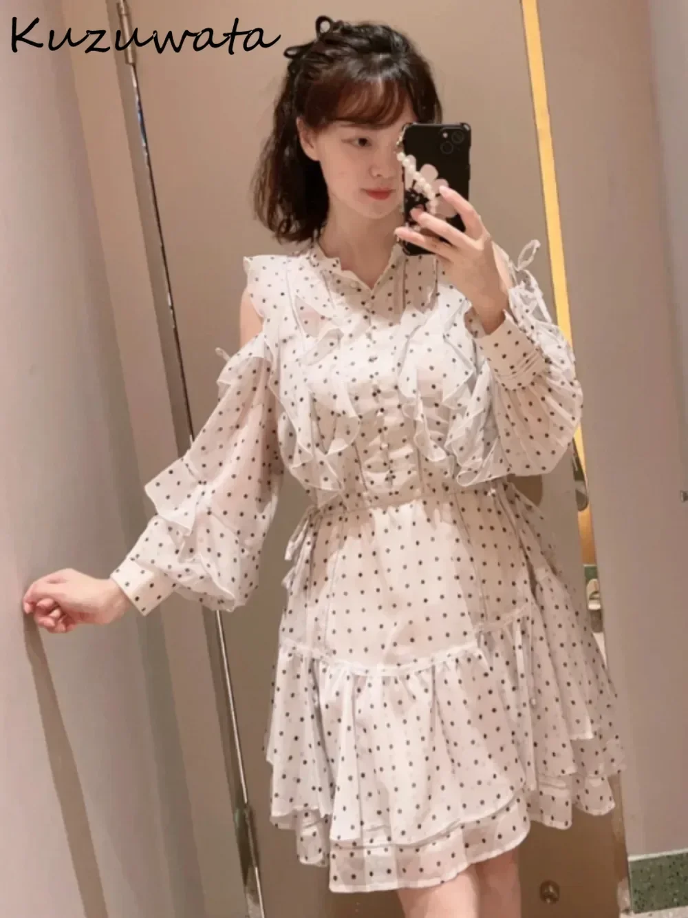 Kuzuwata New Print O Neck Long Sleeve Ruffles Mujer Women Off Shoulder Lace Up Sweet Dress Japan Small Fellow French Style Robe