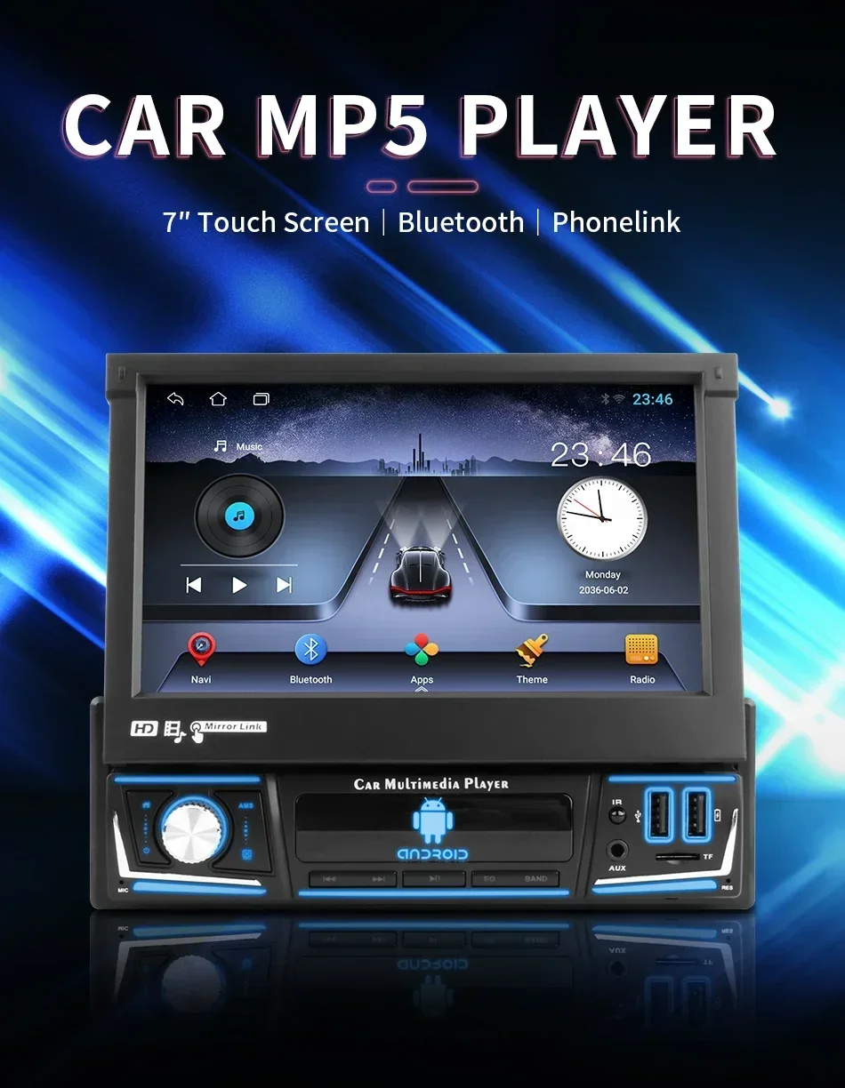 1Din Car Radio 7inch Retractable Screen Multimedia Video Player Autoradio Universal CarPlay Android MP5 radio for Vehicle NO DVD