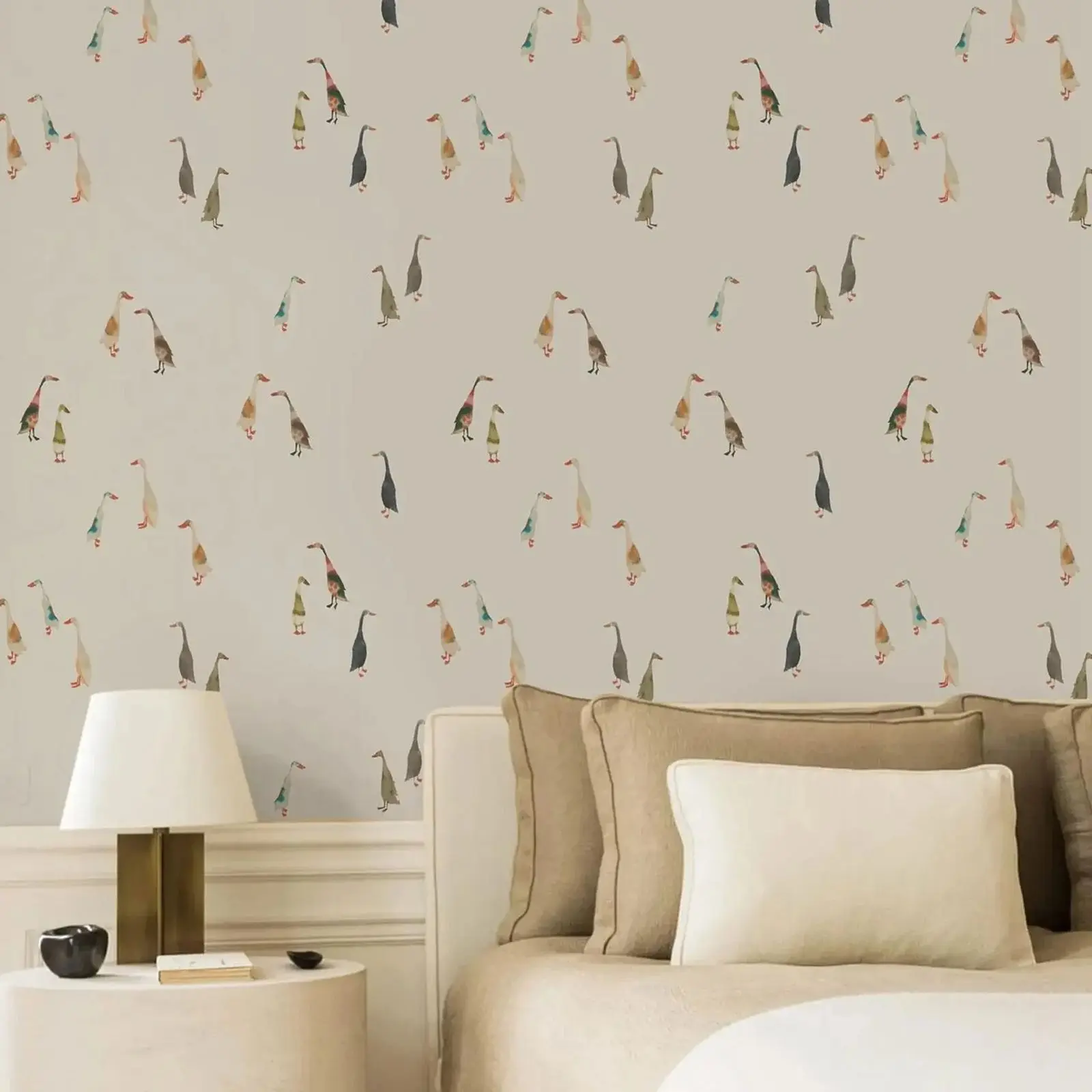 Playful Goose Wallpaper Roll, Cute Animal Pattern Wall Mural For Nursery & Bathroom Decor, Peel and Stick Or Traditional Papers