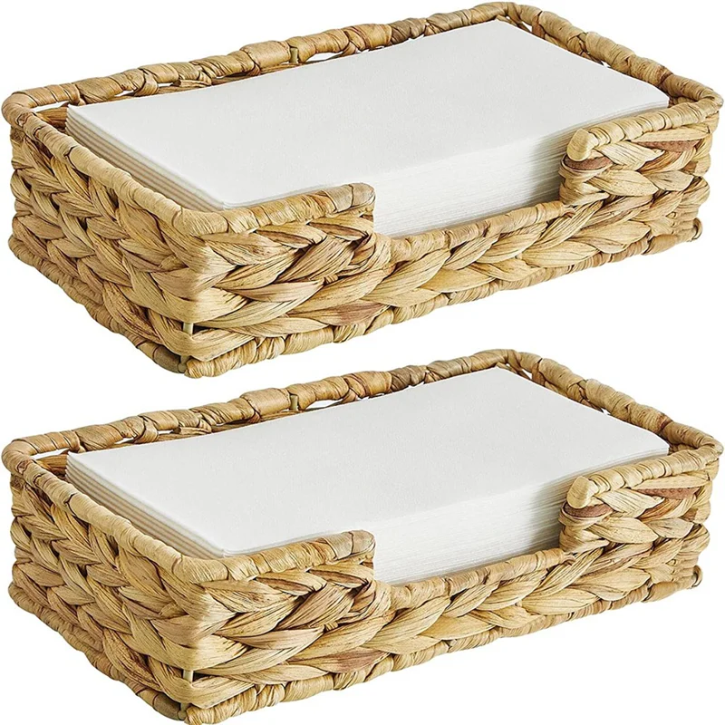 2PCS Bathroom Disposable Guest Towel Holder Long Seagrass Woven Rattan Wicker Table Hand Guest Towel Basket Tray,L