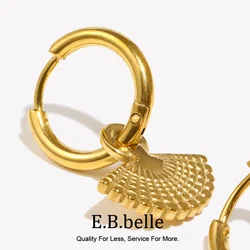E.B.belle Cute Small Texture Engraved Fan Shaped Charm Small Hoop Earrings Stainless Steel Tarnish Free Female Bohemian Earring