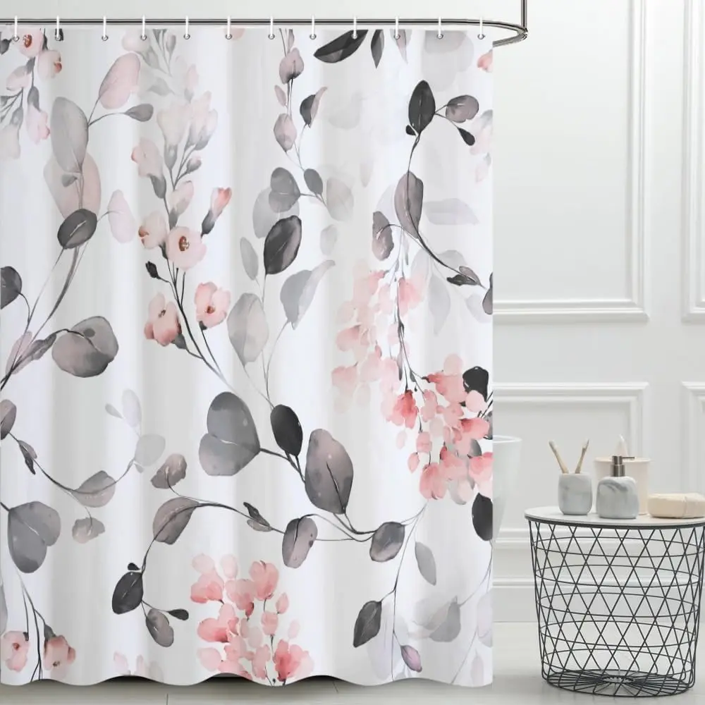 

Серый акварельный цветочный комплект штор для душа с эвкалиптом и крючками, водонепроницаемый декор для ванной комнаты в ботаническом стиле, 72x72 дюйма