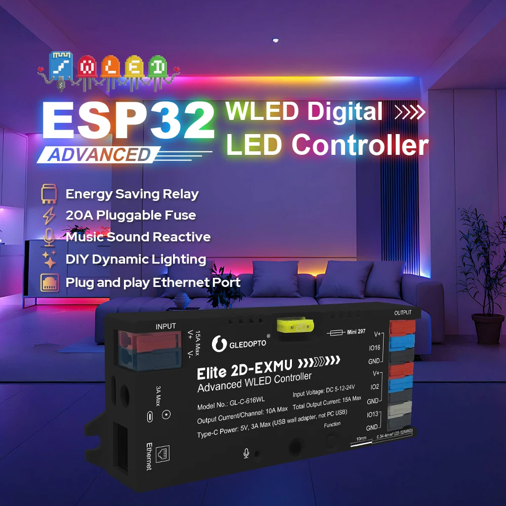 Elite ESP32 WLED Controller Wired Ethernet Sound Reactive Energy Save Relay 20A Fuse Dynamic WS2811 WS2812 SK6812 RGBIC Strip